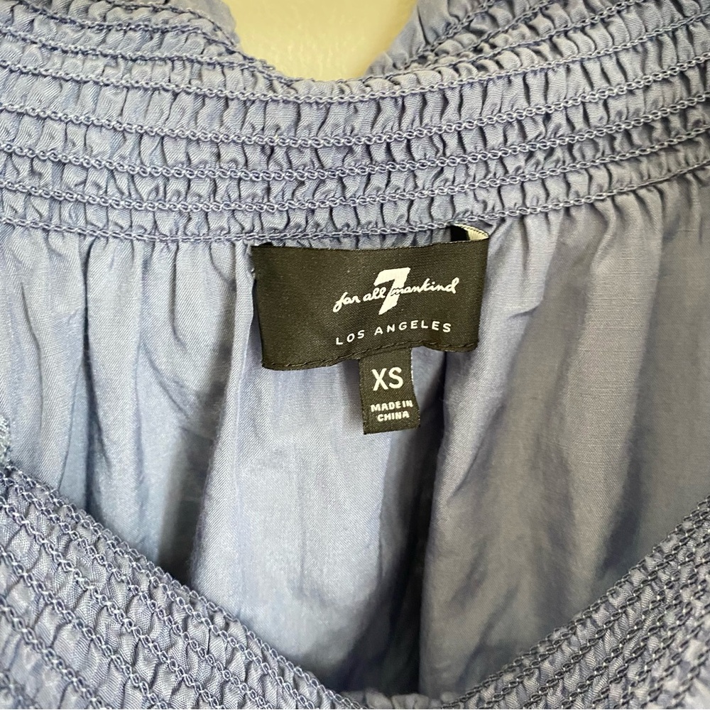 7 FOR ALL MANKIND Silk Off Shoulder Smock Top Blue Size XS Bohemian Cottagecore - Picture 4 of 14
